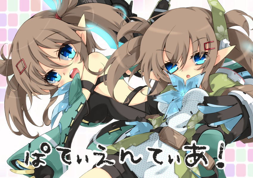 2girls blue_eyes brown_hair commentary_request milkpanda multiple_girls open_mouth patty_(pso2) phantasy_star phantasy_star_online_2 pointy_ears short_hair tiea twintails weapon