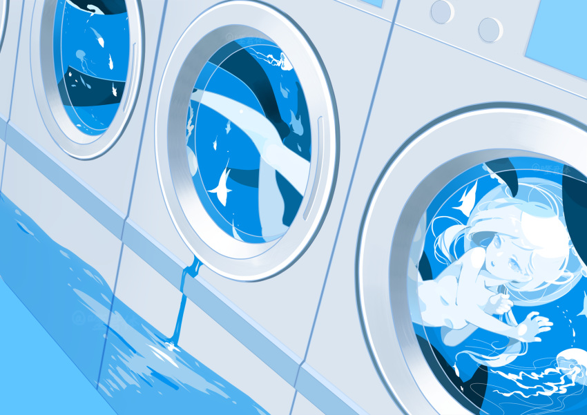 blue_theme commentary_request female fish flippers freediving highres jellyfish laundromat long_hair monochrome nude open_mouth original shi_jun_ti solo surreal swimming underwater washing_machine water white_hair