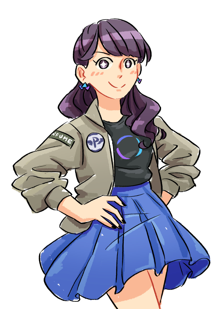 a~chan blue_skirt blush brown_jacket commentary_request earrings eggloaf female highres jacket jewelry long_hair long_sleeves looking_to_the_side perfume_(band) pleated_skirt purple_eyes purple_hair skirt smile solo star-shaped_pupils star_(symbol) symbol-shaped_pupils