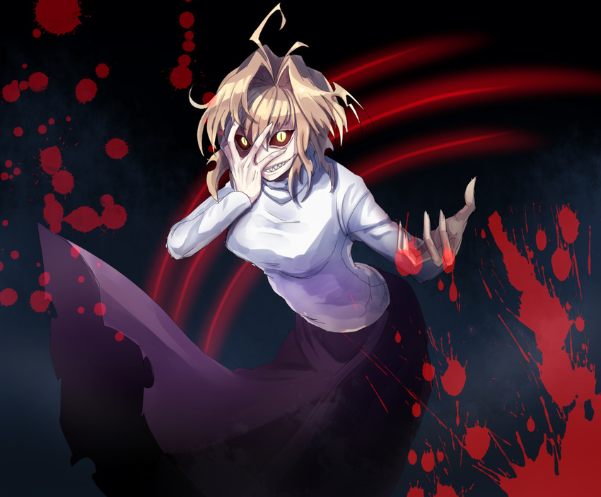 arcueid_brunestud bad_id bad_pixiv_id banned_artist blonde_hair blood breasts covering_face crazy_eyes dark_persona dress hair_intakes large_breasts long_dress melty_blood messy_hair red_sclera sharp_teeth short_hair slit_pupils solo sweater teeth tsukihime turtleneck warcueid yellow_eyes yusano