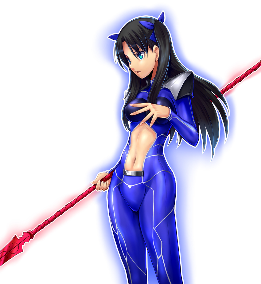 :d armor blue_ribbon blush bodysuit breasts clothing_cutout commentary_request cosplay covered_nipples cowboy_shot cu_chulainn_(fate) cu_chulainn_(fate/stay_night) cu_chulainn_(fate/stay_night)_(cosplay) eyebrows fate/stay_night fate_(series) female gae_bolg_(fate) glowing glowing_weapon green_eyes hair_ribbon long_hair medium_breasts navel navel_cutout open_mouth polearm ribbon shoulder_pads skin_tight smile solo spear standing stomach taru_neko tohsaka_rin two_side_up weapon