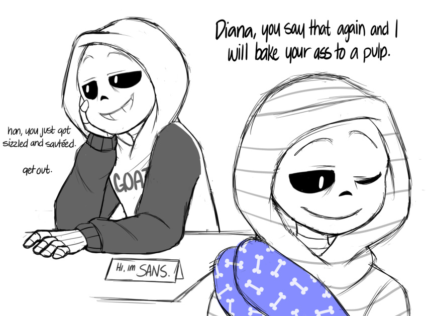 alternate_universe altertale animated_skeleton bedding blanket bone clothed clothing english_text friisans hi_res hoodie name_sign not_furry sans_(altertale) sans_(undertale) skeleton smile text topwear undead undertale undertale_(series)