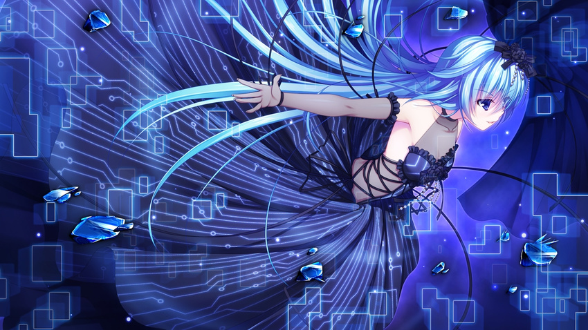 16:9 applique_(company) asami_asami azurite blue_eyes blue_hair collarbone dress female female game_cg long_hair re:birth_colony