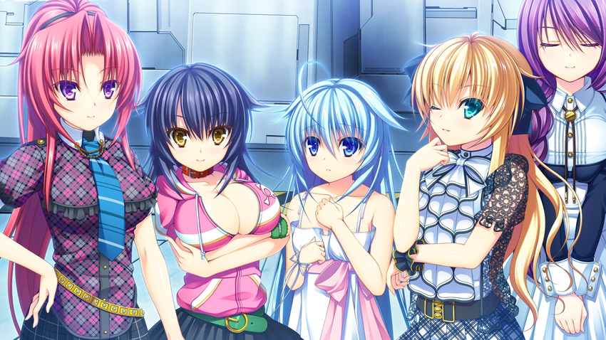 16:9 5girls applique_(company) asami_asami azurite blonde_hair blue_eyes blue_hair cyan_(re:birth) game_cg multiple_girls neueblau_t_milla purple_hair re:birth_colony rindou_ruri_(re:birth) serruria_celestite short_hair smile wink