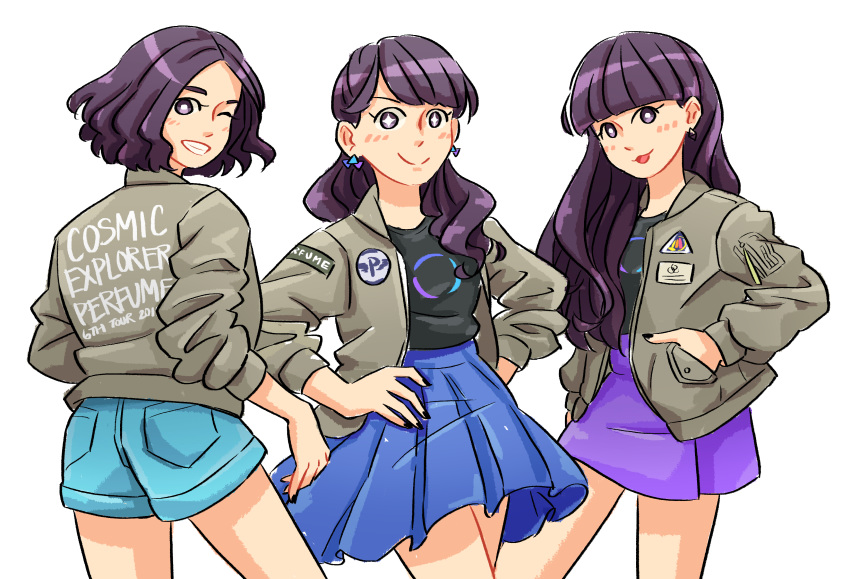 3girls absurdres ass a~chan black_nails black_shirt blue_shorts blue_skirt blush brown_jacket clenched_teeth commentary_request eggloaf grin hand_in_pocket hands_on_own_hips high-waist_skirt highres jacket kashiyuka long_hair long_sleeves looking_back looking_to_the_side multiple_girls nail_polish nocchi_(perfume) open_clothes open_jacket pencil_skirt perfume_(band) pleated_skirt pocket purple_hair purple_skirt radiation_symbol shirt short_hair shorts simple_background skirt sleeves_pushed_up smile star-shaped_pupils star_(symbol) symbol-shaped_pupils teeth white_background