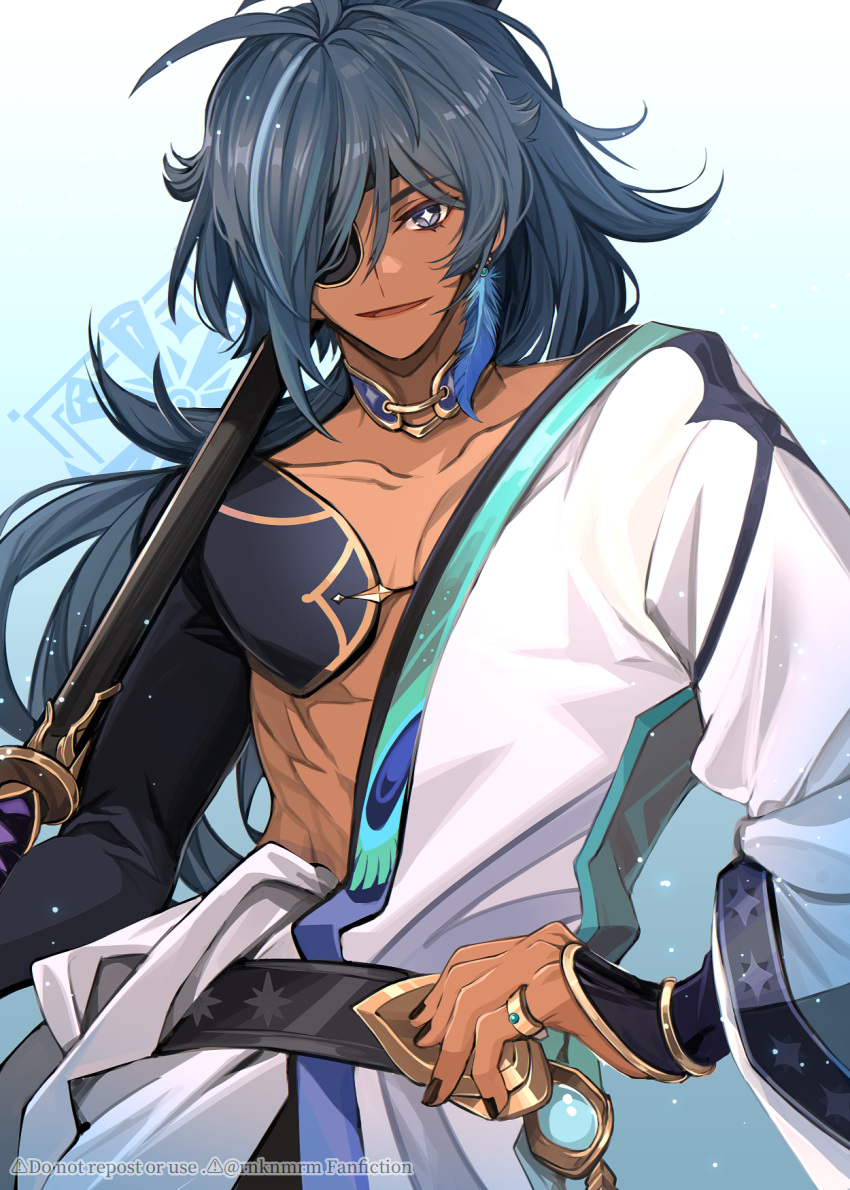 1boy alternate_costume alternate_hairstyle black_nails black_sleeves blue_eyes blue_hair dark-skinned_male dark_skin earrings eyepatch genshin_impact hair_between_eyes highres hiki_yuichi holding holding_sword holding_weapon jewelry kaeya_(genshin_impact) long_hair long_sleeves male_focus multicolored_hair muscular muscular_male open_mouth shirt smile solo sword weapon white_shirt