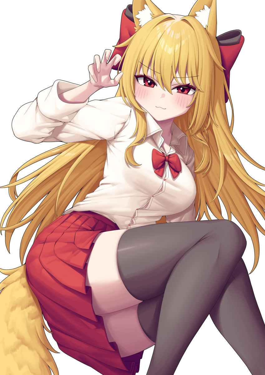 :3 absurdres animal_ears black_thighhighs blonde_hair bow bowtie breasts button_gap buttons claw_pose closed_mouth collared_shirt commission dress_shirt feet_out_of_frame female fox_ears fox_girl fox_tail hairbow hand_up highres long_hair long_sleeves looking_at_viewer medium_breasts metaljelly miniskirt original pleated_skirt red_eyes red_skirt second-party_source shirt simple_background skirt smile solo tail thighhighs thighs v-shaped_eyebrows white_background white_shirt zettai_ryouiki