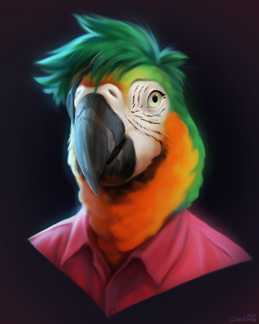 anthro avian beak bird black_beak clothing feathers green_hair hair hi_res lostgoose macaw male neotropical_parrot parrot portrait red_clothing red_shirt red_topwear shirt solo topwear true_parrot