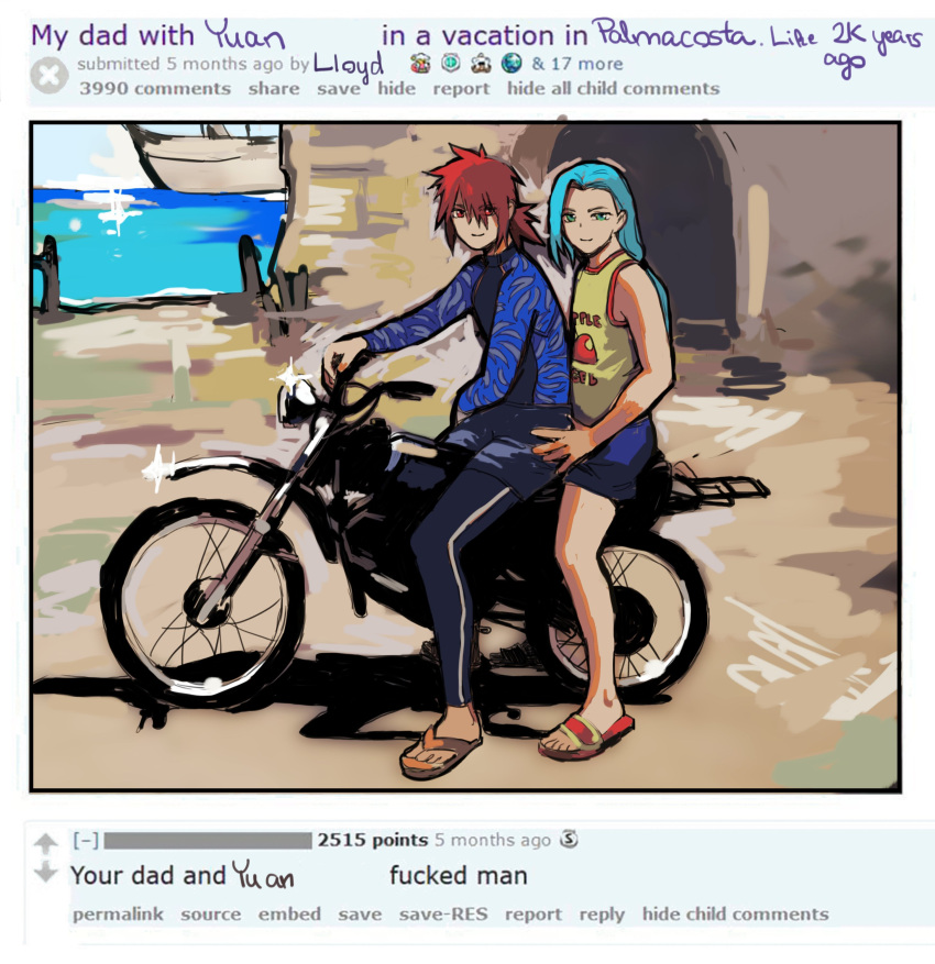 2boys absurdres blue_eyes blue_hair english_text full_body highres holding kratos_aurion long_hair long_sleeves looking_at_viewer male_focus meme motor_vehicle motorcycle multiple_boys multiple_riders on_motorcycle outdoors ponytail red_eyes red_hair reddit sandals shirt smile snoozaga spiked_hair tales_of_(series) tales_of_symphonia yaoi yuan_(tales)