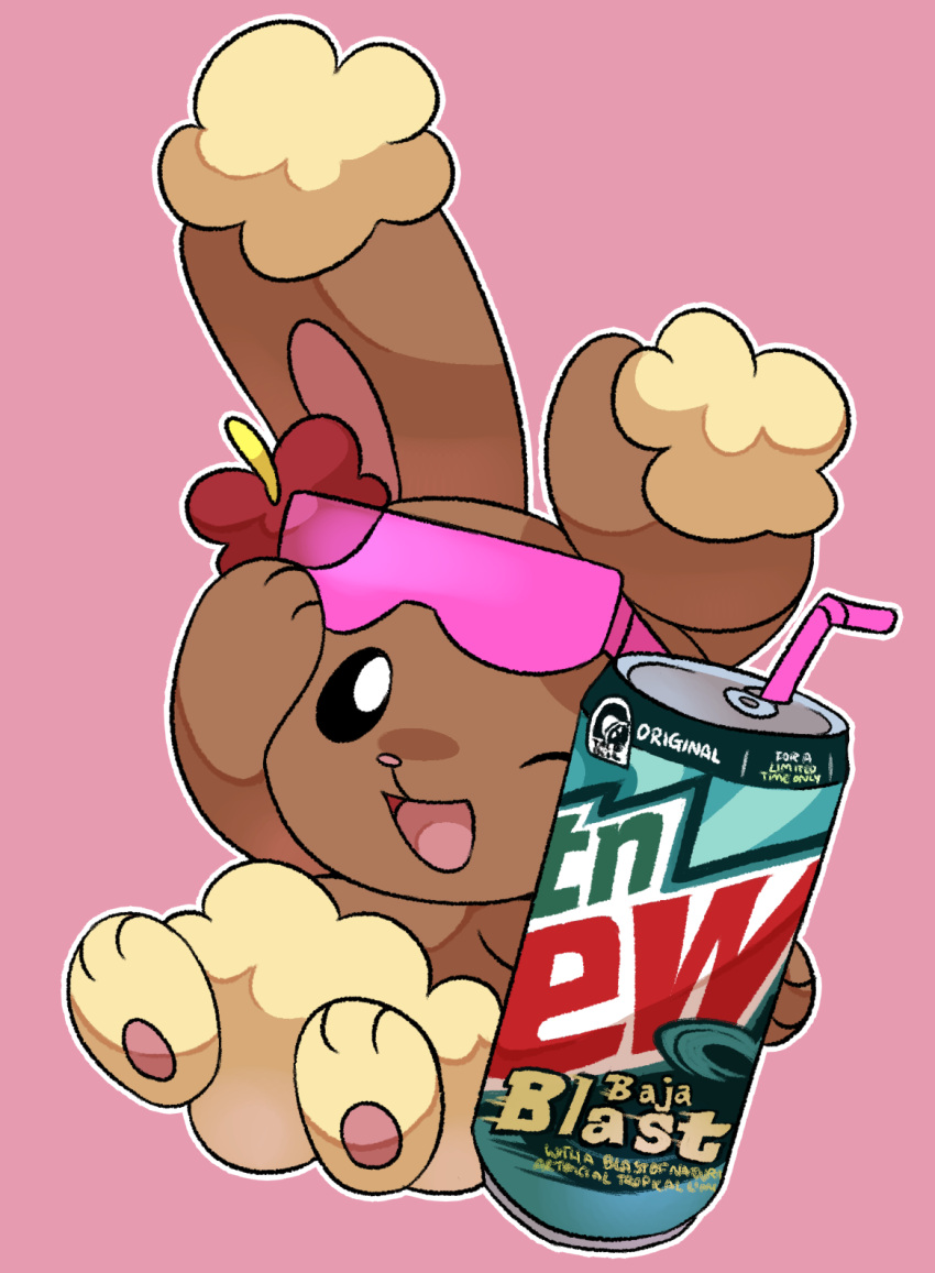 ambiguous_gender beverage_can blastoise buneary drinking_straw eyewear eyewear_only flower_accessory flower_on_head generation_1_pokemon generation_4_pokemon hi_res lagomorph looking_at_viewer mammal mountain_dew:_baja_blast nintendo nude one_eye_closed pink_background pokemon pokemon_(species) simple_background solo sunglasses sunglasses_only taco_bell unknown_artist wink