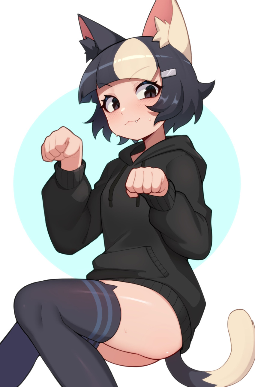 :3 absurdres animal_ear_legwear animal_ears black_eyes black_hair black_hoodie black_thighhighs blonde_hair blush cat_ear_legwear cat_ears cat_girl cat_tail commentary fang_out female hair_ornament hands_up highres hood hood_down hoodie invisible_chair long_sleeves looking_at_viewer moursho multicolored_hair oerba_yun_fang original paw_pose short_hair sitting slit_pupils solo streaked_hair sweat tail thighhighs thighs