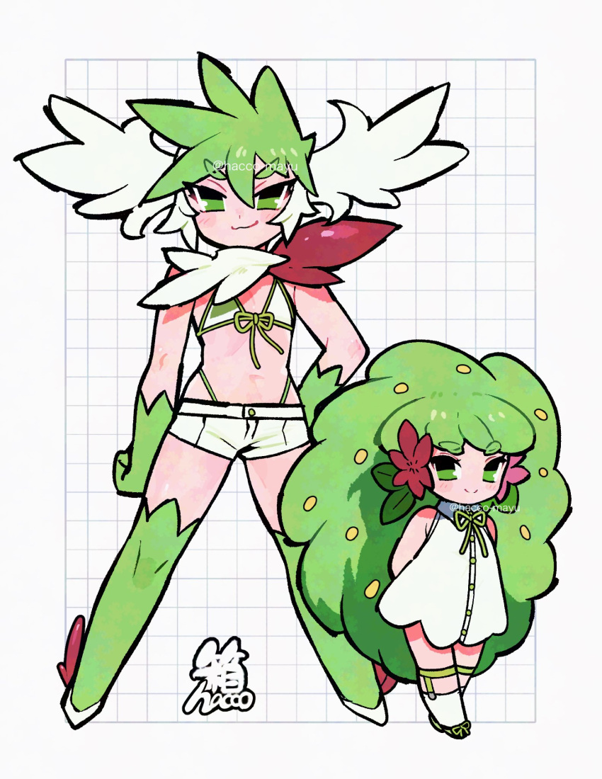 2girls arms_behind_back big_hair bikini boots collared_dress dress dual_persona flat_chest flower gloves gracidea green_bikini green_eyes green_footwear green_gloves green_hair green_ribbons grid hacco_mayu hair_flower hair_ornament hair_wings hand_on_own_hip head_wings height_difference highres knee_boots legs_apart light_blush long_hair looking_at_viewer micro_shorts multicolored_bikini multicolored_clothes multicolored_hair multicolored_scarf multiple_girls navel neck_ribbon panty_straps personification pokemon pokemon_dppt red_scarf ribbon scarf shaymin shaymin_(land) shaymin_(sky) short_eyebrows shorts sleeveless sleeveless_dress smile smirk socks string_bikini swimsuit thick_eyebrows tomboy two-tone_hair v-shaped_eyebrows v-shaped_eyes white_bikini white_dress white_hair white_scarf white_socks white_wings wings