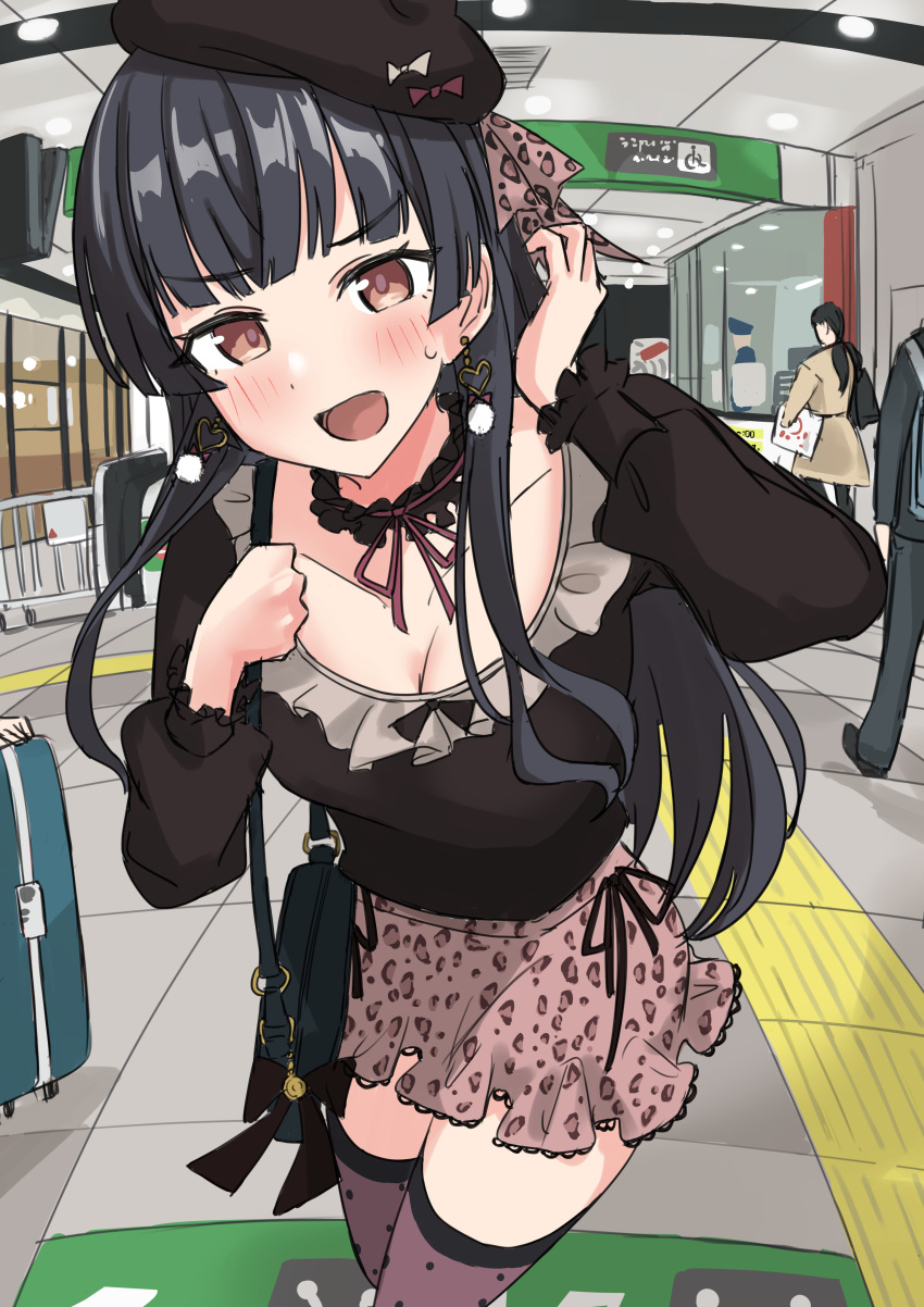 absurdres animal_print bag beret black_choker black_hair black_hat black_shirt blunt_bangs blush breasts choker cleavage earrings frilled_choker frilled_shirt frills handbag hat heart heart_earrings highres idolmaster idolmaster_shiny_colors jewelry leaning_forward leopard_print long_hair long_sleeves mayuzumi_fuyuko medium_breasts multiple_others neck_ribbon open_mouth ribbon shirt solo_focus soy107 thighhighs train_station walking zettai_ryouiki