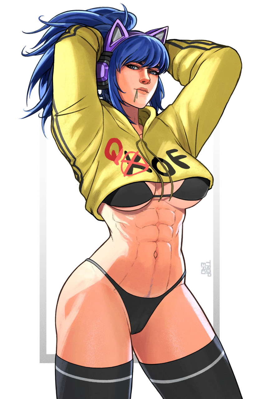 abs absurdres adjusting_hair animal_ear_headphones animal_ears arms_up artist_name bikini black_bikini blue_eyes blue_hair breasts cat_ear_headphones earphones fake_animal_ears female hair_tie_in_mouth hand_in_own_hair hands_in_hair headphones highres holding holding_own_hair hood hoodie leona_heidern mouth_hold muscular muscular_female navel ponytail swimsuit the_king_of_fighters thighhighs tropero tying_hair