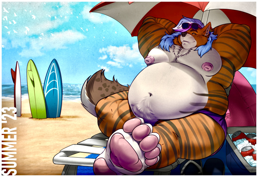 absurd_res anthro areola beach beach_chair beach_towel beach_umbrella belly belly_overhang beverage_can biceps big_areola big_belly big_nipples big_pecs blue_hair blue_sky brown_eyes canid canine chair chest_tuft clothing cloud cobaltgrande cooler ear_piercing ear_ring english_text eyewear eyewear_on_head feet felid flabby footwear fox fur furniture grin grinning_at_viewer hair hands_behind_head hi_res highlights_(coloring) hybrid hyena ice inflatable inner_tube lgbt_pride long_hair looking_at_viewer love_handles male mammal markings multicolored_body multicolored_fur multicolored_hair navel nipples obese obese_anthro obese_male on_chair orange_body orange_fur outside overweight overweight_anthro overweight_male pantherine parasol pawpads paws pecs piercing pink_nipples pink_pawpads pride_colors purple_clothing purple_speedo purple_swimwear rainbow_piercings rainbow_pride_colors ring_piercing sand sandals sea seaside shoes sitting sky smile snaggle_tooth soles solo speedo spots spotted_face spotted_hyena spotted_markings spotted_tail stare striped_body striped_fur stripes summer sunglasses sunglasses_on_head surfboard swimwear tail tail_markings tan_body tan_fur text thirsty_(thirstydraws) tiger towel tuft two_tone_body two_tone_fur under_umbrella water wave