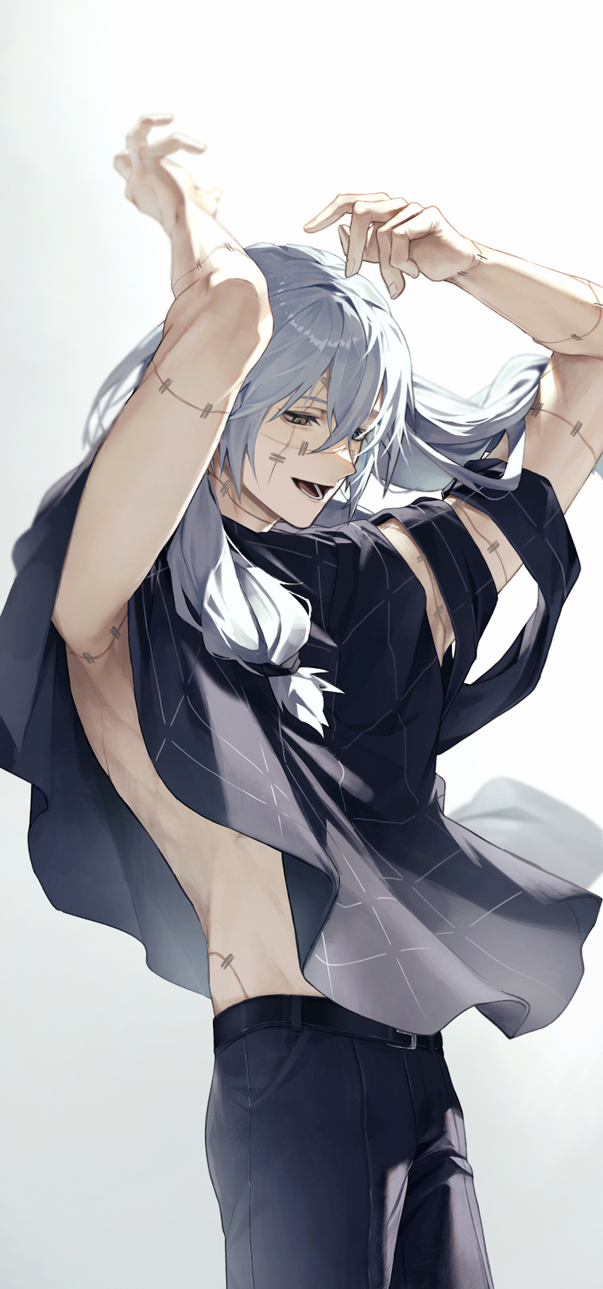 1boy :d absurdres air_(ai_r_) armpits arms_up belt black_belt black_pants black_shirt cowboy_shot empty_eyes grey_hair grid_print hair_between_eyes heterochromia highres jujutsu_kaisen long_hair looking_down low-tied_long_hair mahito_(jujutsu_kaisen) male_focus midriff open_mouth pants patchwork_skin print_shirt ringed_eyes scar scar_across_eye shirt simple_background smile solo standing stitched_arm stitched_face stitched_neck stitches torn_sleeve white_background