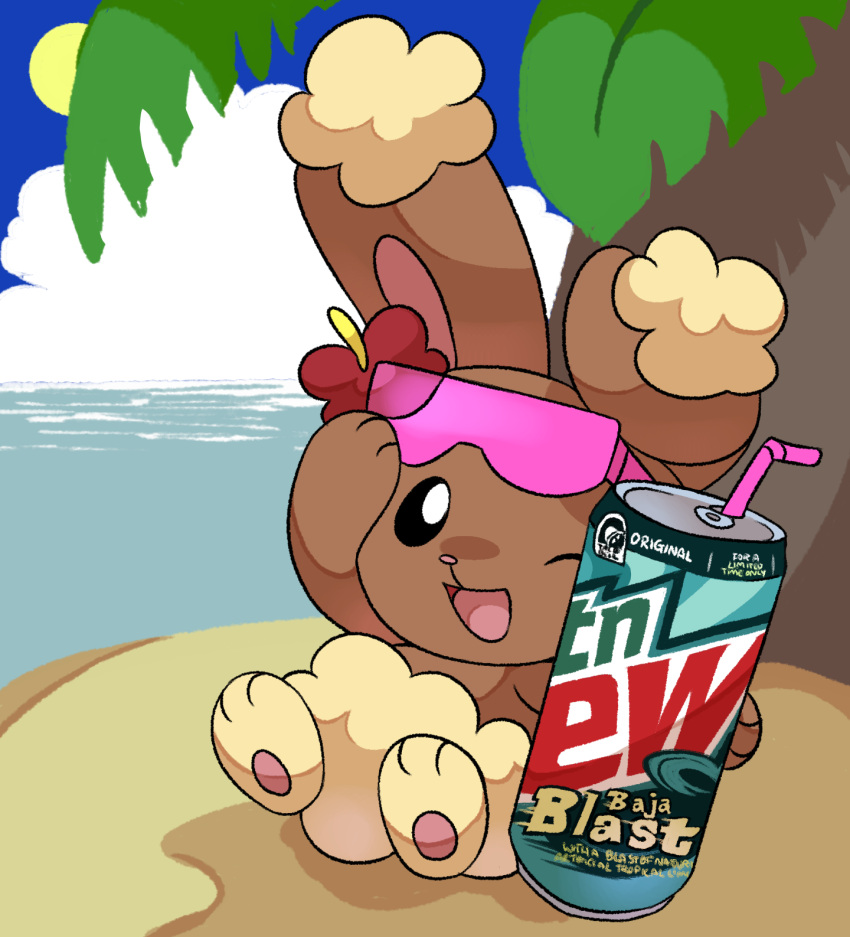 accessory ambiguous_gender beverage beverage_can blastoise buneary cloud drinking_straw eyewear eyewear_on_head eyewear_only flower flower_accessory flower_in_hair generation_1_pokemon generation_4_pokemon hair hair_accessory hi_res horizon island lagomorph looking_at_viewer mammal mountain_dew:_baja_blast nintendo nude one_eye_closed plant pokemon pokemon_(species) solo sun sunglasses sunglasses_on_head sunglasses_only taco_bell unknown_artist water wink