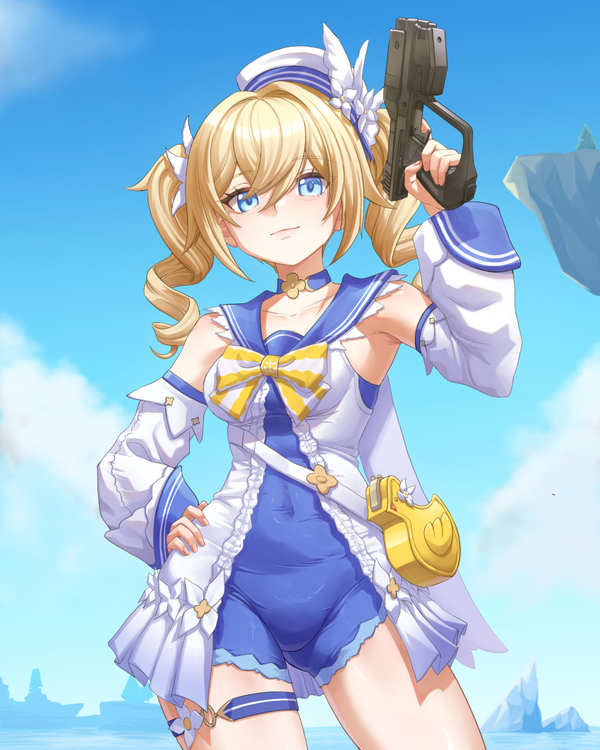 absurdres barbara_(genshin_impact) barbara_(summertime_sparkle)_(genshin_impact) beach blonde_hair blue_eyes blush bow choker day detached_sleeves drill_hair female flower genshin_impact gun halo_(series) hand_on_own_hip handgun hat highres holding holding_gun holding_weapon long_hair long_sleeves looking_at_viewer luizhtx m6d ocean official_alternate_costume one-piece_swimsuit open_mouth outdoors sailor_hat sky smile solo swimsuit twin_drills twintails weapon