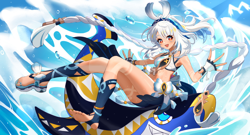 :d absurdres aichinaigai bare_shoulders barefoot blue_hair blue_hairband blush body_markings braid breasts crop_top dark_skin female fingerless_gloves genshin_impact gloves hairband highres legs light_blue_hair looking_at_viewer low_twin_braids midriff mualani_(genshin_impact) navel open_mouth red_eyes shark smile solo symbol-shaped_pupils toes twin_braids