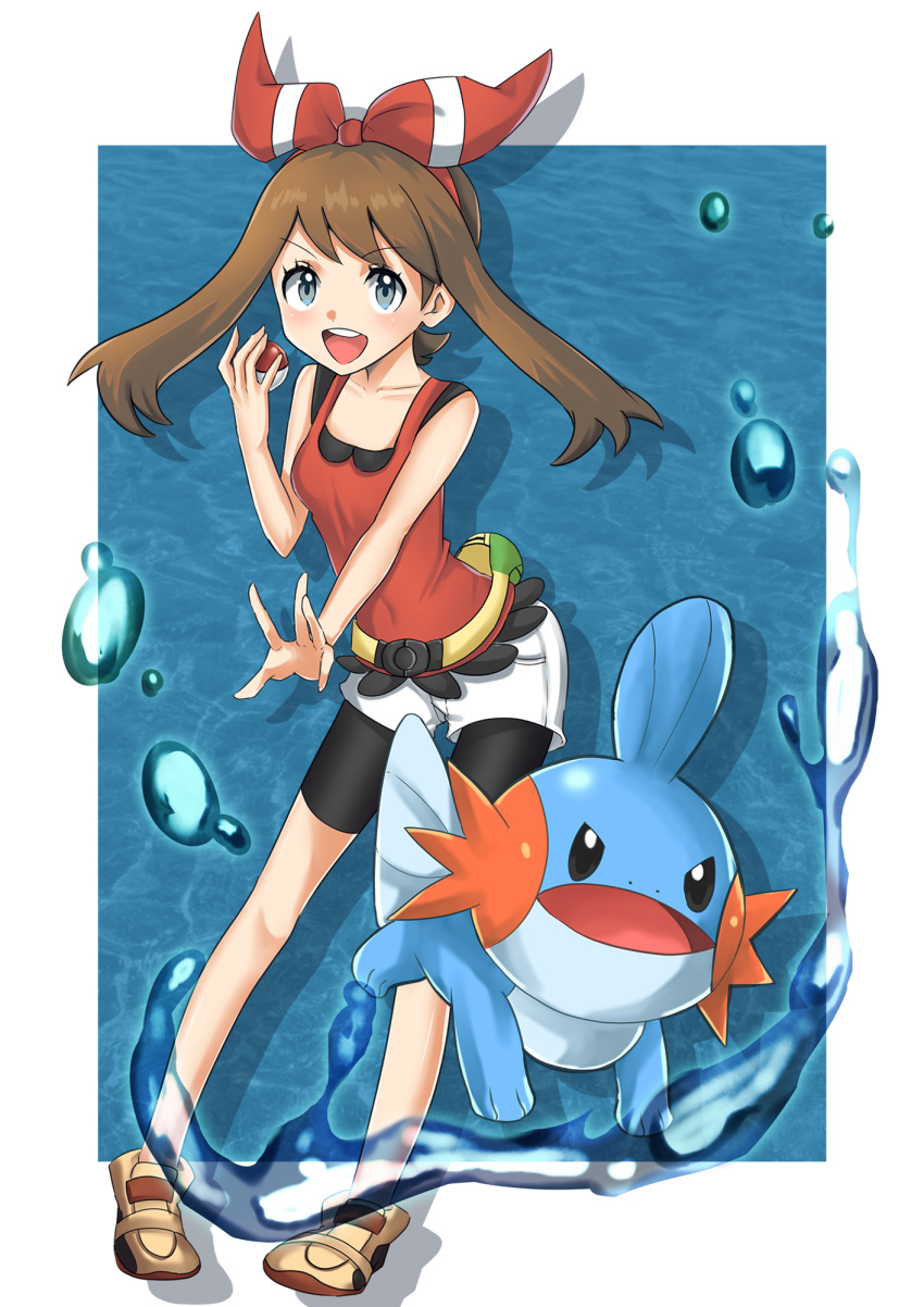 :d bare_shoulders bike_shorts brown_hair collarbone fanny_pack female full_body grey_eyes hair_ribbon highres holding holding_poke_ball looking_at_viewer may_(pokemon) mudkip open_mouth poke_ball poke_ball_(basic) pokemon pokemon_(creature) pokemon_oras red_shirt ribbon shirt shoes sleeveless smile teeth upper_teeth_only water yuuki510510