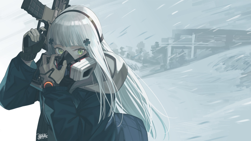 agent_416_(girls'_frontline) agent_416_(shield_of_manhattan)_(girls'_frontline) assault_rifle blue_coat coat commentary dated female girls'_frontline gloves green_eyes grey_hair gun highres hk416_(girls'_frontline) holding holding_gun holding_weapon hood long_hair long_sleeves mask nao_(syn_eaa) official_alternate_costume outdoors p416 respirator rifle signature snowing solo tom_clancy's_the_division weapon