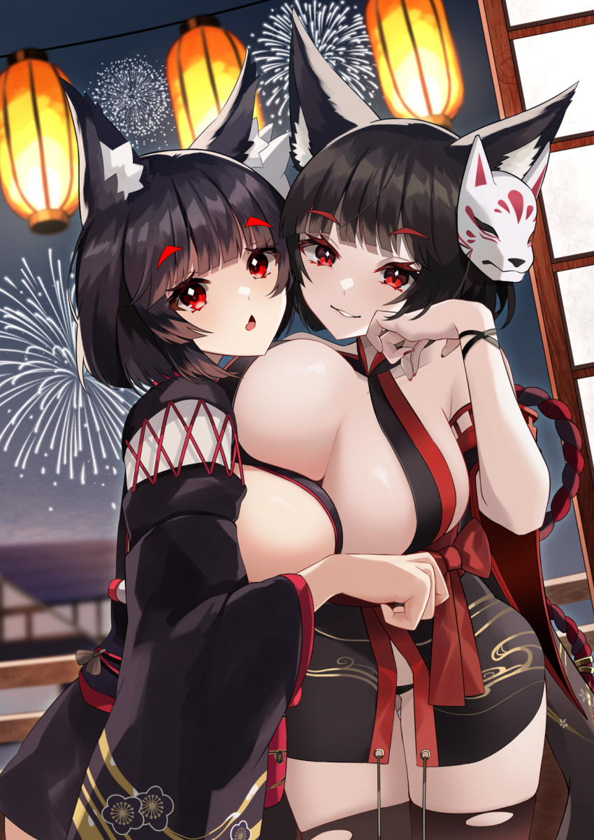 2girls animal_ear_fluff animal_ears architecture asymmetrical_docking azur_lane black_hair black_kimono black_panties breast_press breasts cat_ears dark_persona dual_persona east_asian_architecture fireworks highres japanese_clothes kimono lantern large_breasts long_sleeves looking_at_viewer mask mask_on_head multiple_girls panties paper_lantern paw_pose red_eyes short_hair short_kimono sideless_kimono standing thighhighs torn_clothes torn_thighhighs underwear wide_sleeves yamaha_tsui yamashiro_(azur_lane) yamashiro_(meta)_(azur_lane) zettai_ryouiki