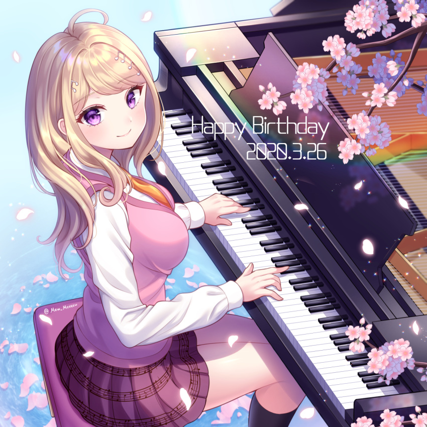 ahoge akamatsu_kaede bangs beamed_eighth_notes blonde_hair blush breasts commentary_request danganronpa dated eighth_note eyebrows_visible_through_hair female flower hair_ornament happy_birthday highres large_breasts long_hair long_sleeves looking_at_viewer musical_note musical_note_hair_ornament nabekokoa necktie new_danganronpa_v3 pleated_skirt purple_eyes school_uniform shirt skirt smile solo sweater_vest