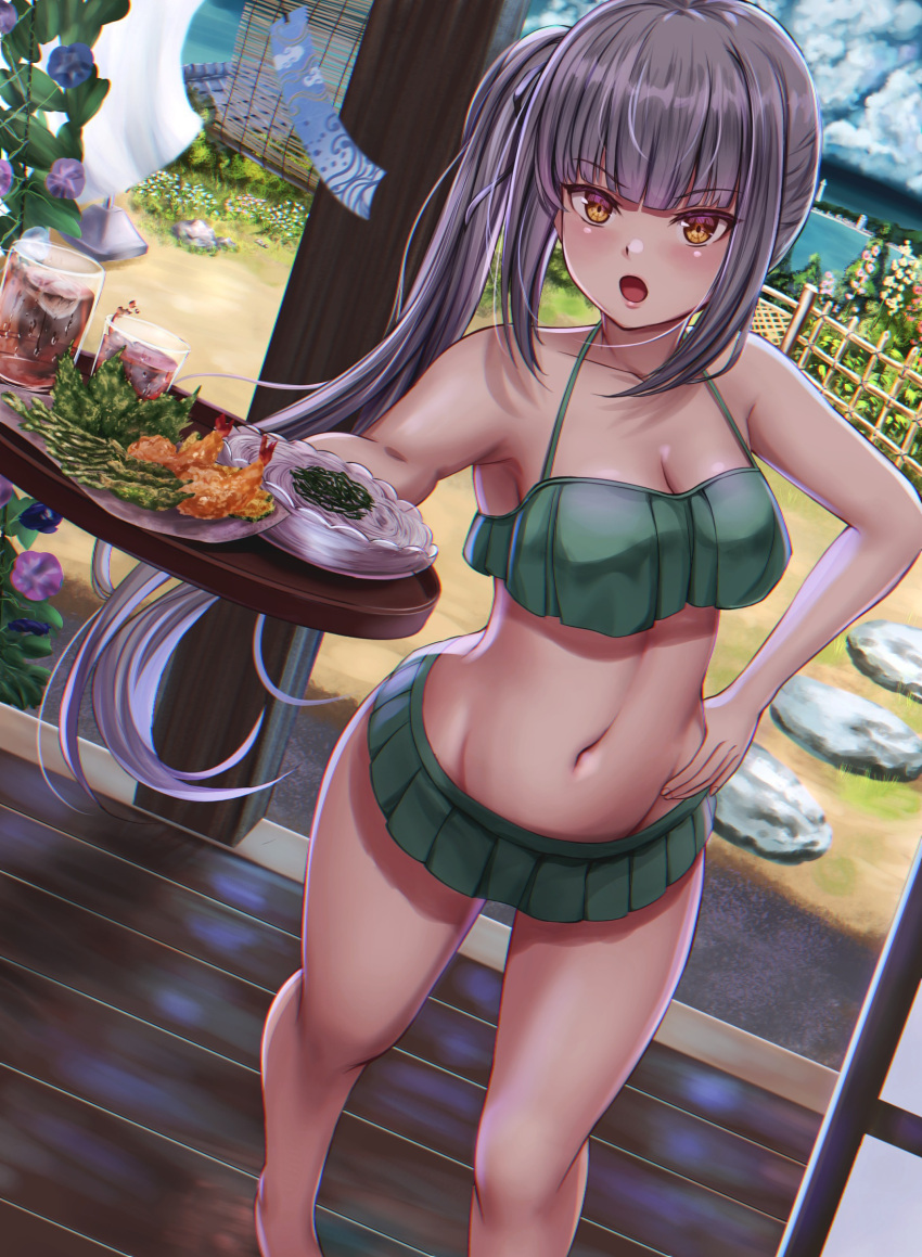 absurdres bikini bikini_skirt breasts brown_eyes commentary_request drink dutch_angle female food glass green_bikini grey_hair hand_on_own_hip highres kantai_collection kasumi_(kancolle) kasumi_kai_ni_(swimsuit_mode)_(kancolle) long_hair medium_breasts navel sabakuomoto side_ponytail solo standing swimsuit tempura veranda wind_chime wooden_floor