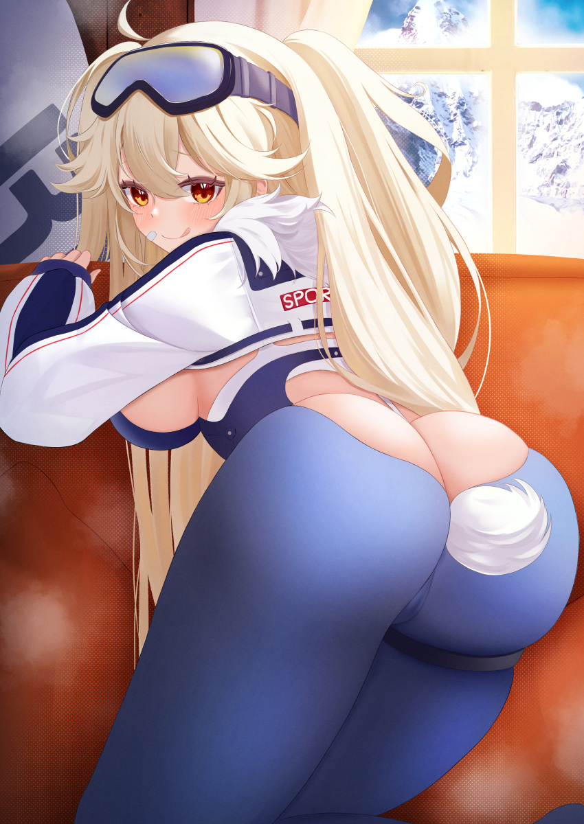 absurdres ahoge ass azur_lane bandaid bandaid_on_face blonde_hair blue_bodysuit bluecher_(azur_lane) bluecher_(high-altitude_head_over_heels)_(azur_lane) bodysuit breasts butt_crack clothing_cutout cropped_jacket elegant_(sumisumi4268) fake_tail female from_behind fur_collar goggles goggles_on_head highres indoors kneeling large_breasts leaning_forward licking_lips long_hair looking_at_viewer looking_back mountain official_alternate_costume orange_eyes rabbit_tail solo sportswear tail thigh_strap tongue tongue_out window