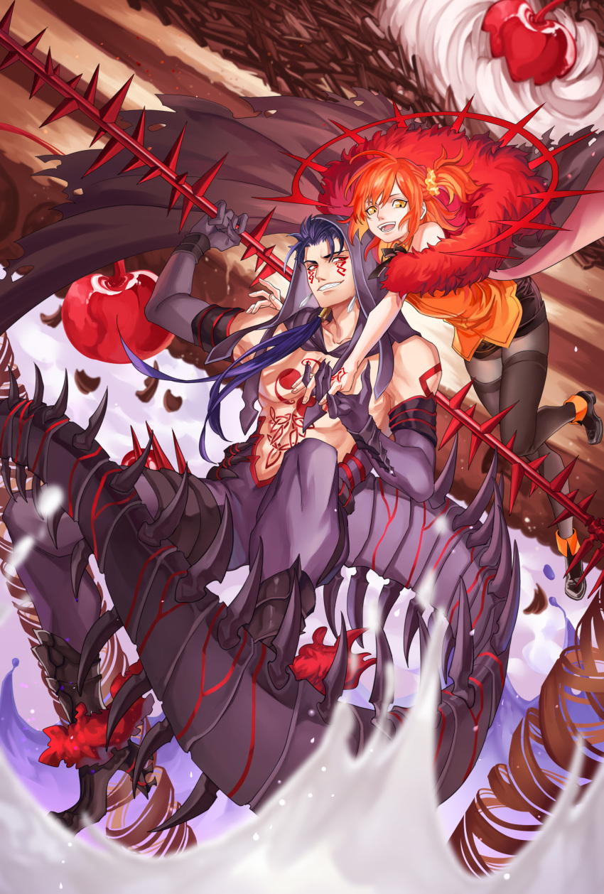 1boy absurdres bare_pectorals black_cape black_footwear black_pantyhose black_skirt blue_gloves blue_hair bodysuit brown_hair cake cape cherry chest_tattoo chocolate_cake command_spell commentary_request cu_chulainn_(fate) cu_chulainn_alter_(fate) cu_chulainn_alter_(third_ascension)_(fate) dark_blue_hair earrings elbow_gloves facepaint facial_mark fate/grand_order fate_(series) female food food-themed_background fruit fujimaru_ritsuka_(female) fujimaru_ritsuka_(female)_(mage's_association_uniform) full_body gae_bolg_(fate) gloves grin hair_ornament hair_over_shoulder hair_scrunchie hair_strand highres holding holding_hands holding_polearm holding_weapon hood jewelry kuzen long_hair looking_at_viewer monster_boy official_alternate_costume orange_shirt pantyhose pectorals pencil_skirt polearm polearm_behind_back ponytail red_eyes scrunchie shirt shoes short_hair side_ponytail skirt smile spear spiked_tail spikes tail tattoo thighband_pantyhose weapon whipped_cream yellow_scrunchie