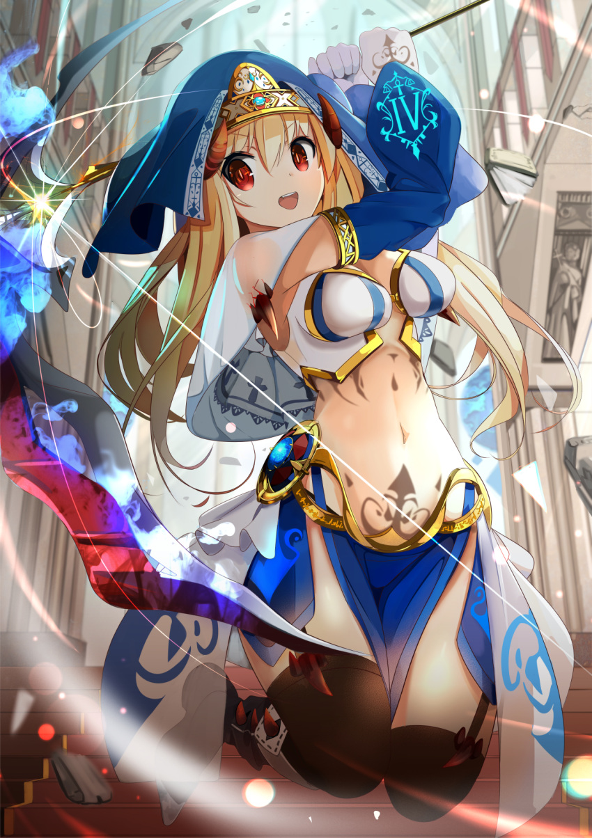 blonde_hair bodypaint breasts chain_chronicle clip_studio_paint_(medium) detached_sleeves female gloves habit highres horns large_breasts long_hair midriff navel nun onasuba open_mouth original red_eyes revealing_clothes scythe solo thighhighs very_long_hair