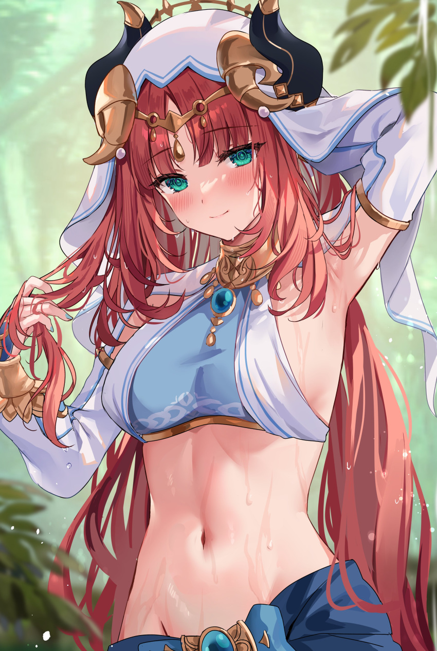 absurdres arm_behind_head arm_up armpits blue_nails blue_skirt blurry blurry_background blush bracer breasts brooch circlet closed_mouth day depth_of_field detached_sleeves fake_horns female genshin_impact gold_trim green_eyes groin hand_up harem_outfit highres hizuki_higure holding holding_own_hair horns jewelry leaf long_hair long_sleeves looking_at_viewer low_twintails medium_breasts nail_polish navel neck_ring nilou_(genshin_impact) outdoors paid_reward_available parted_bangs playing_with_own_hair puffy_long_sleeves puffy_sleeves red_hair revealing_clothes skirt smile solo standing stomach twintails veil vision_(genshin_impact) water_drop wet white_headwear white_veil