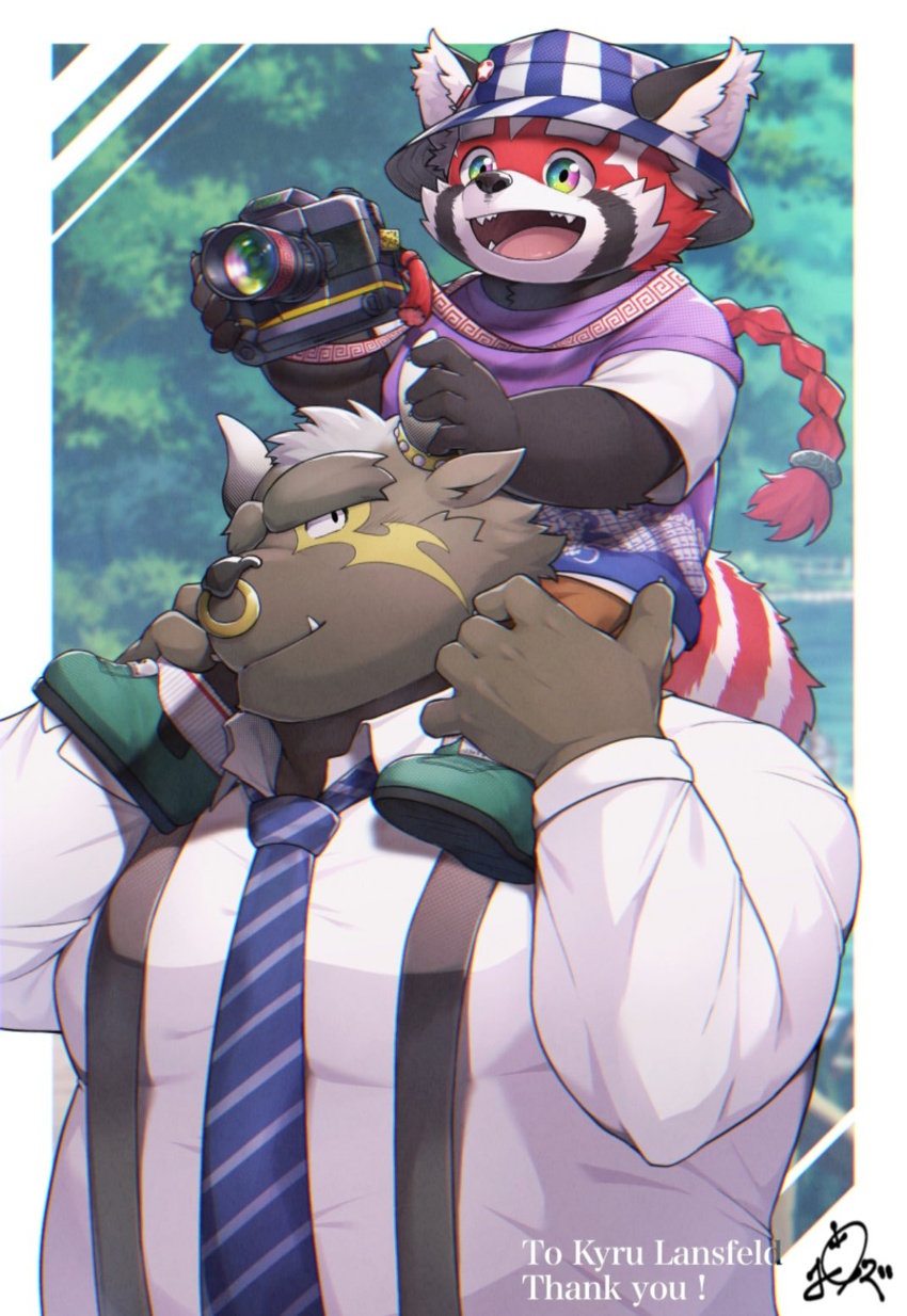 2boys animal_ears asterius_(housamo) bara belly black_fur blue_necktie border brown_fur camera carrying collared_shirt commission cow_ears cow_horns dark-skinned_male dark_skin english_text formal furry furry_male hat hat_pin highres holding holding_camera horns huge_eyebrows large_pectorals male_focus minotaur multicolored_eyes multicolored_fur multiple_boys muscular muscular_male necktie nose_piercing official_alternate_costume open_mouth outside_border pectorals piercing ponzu_tas rainbow_eyes red_fur red_panda_boy red_panda_ears red_panda_tail shirt short_hair shoulder_carry skeb_commission smile striped_necktie thick_eyebrows tokyo_afterschool_summoners upper_body white_border white_fur white_shirt zhurong_(housamo)