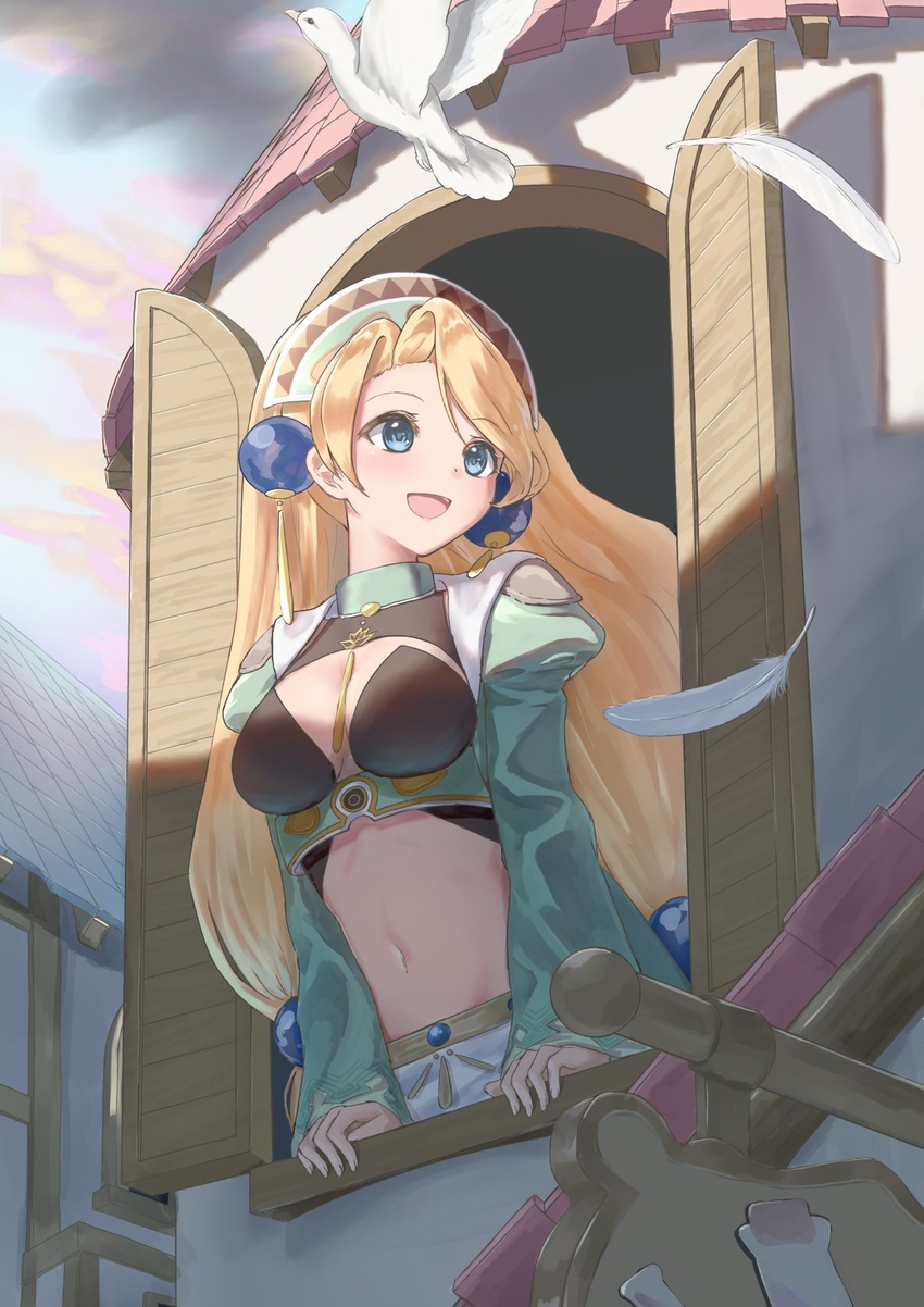 :d arm_support asymmetrical_bangs atelier_(series) atelier_marie atyao-299 bird black_bra blonde_hair blue_eyes blue_sky bra breasts cleavage coat commentary_request crop_top day dove feathers female from_outside green_coat highres leaning_out_of_window long_hair long_sleeves looking_outside looking_to_the_side marie_(atelier) medium_breasts midriff navel open_clothes open_coat open_mouth open_window outdoors sky smile solo standing tile_roof underwear very_long_hair window windowsill