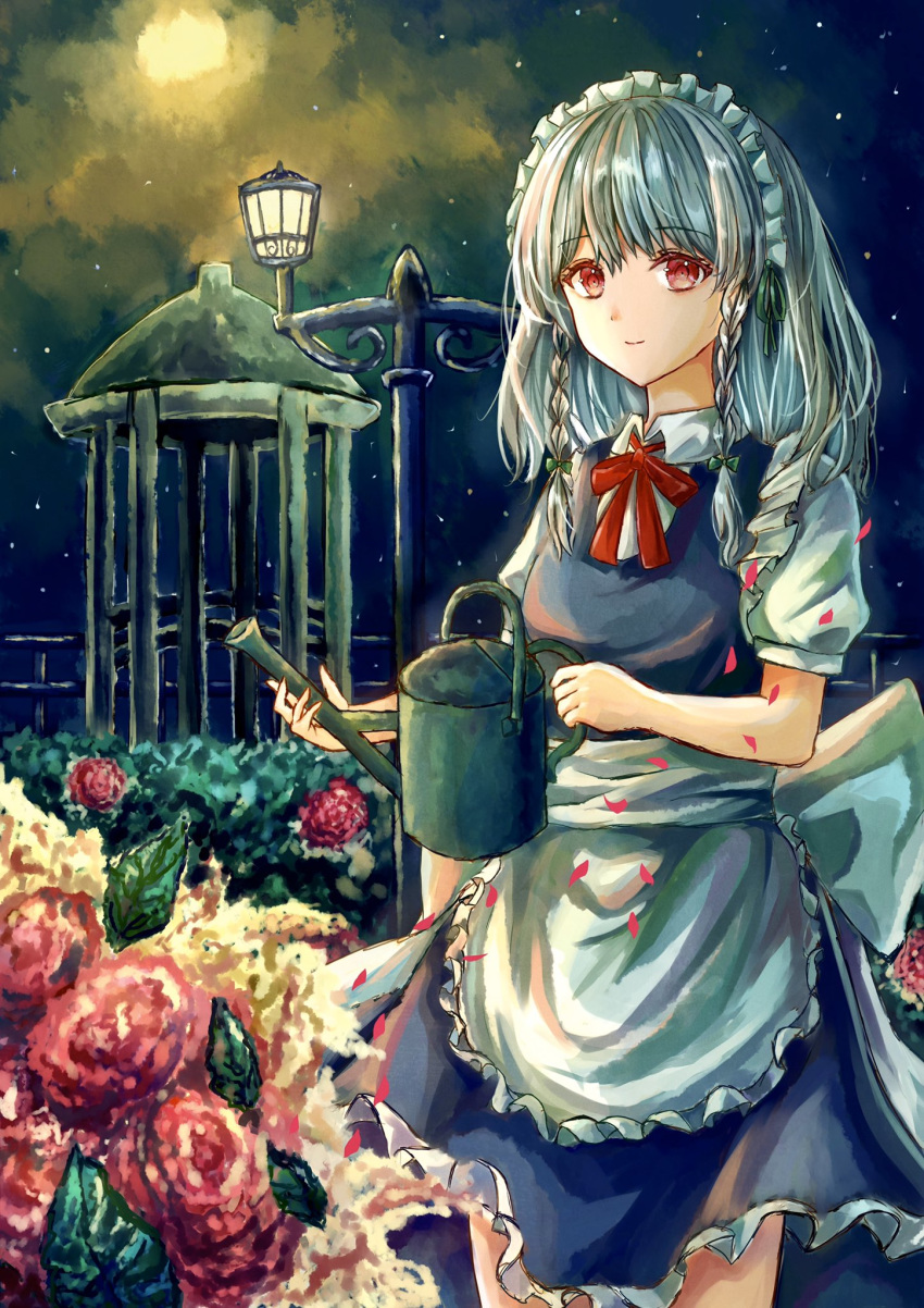 apron bad_id bad_twitter_id blue_dress bow bowtie braid commentary_request cowboy_shot dress female flower frilled_apron frills gazebo green_bow hairbow highres holding izayoi_sakuya lamppost long_hair looking_at_viewer maid maid_apron maid_headdress neck_ribbon night night_sky petals puffy_short_sleeves puffy_sleeves red_bow red_bowtie red_eyes red_flower red_ribbon red_rose ribbon rose shirt short_sleeves sky smile solo standing star_(sky) starry_sky suzushina touhou twin_braids waist_apron watering_can white_apron white_hair white_shirt