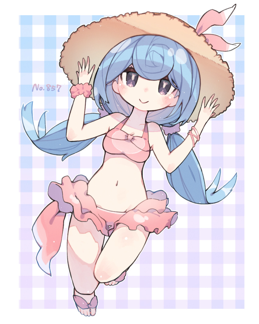 bikini blue_background blue_hair commentary_request female hat hattrem highres long_hair looking_at_viewer low_twintails navel personification pink_bikini plaid plaid_background pokemon sakutake_(ue3sayu) scrunchie smile solo straw_hat sun_hat swimsuit twintails white_background wrist_scrunchie