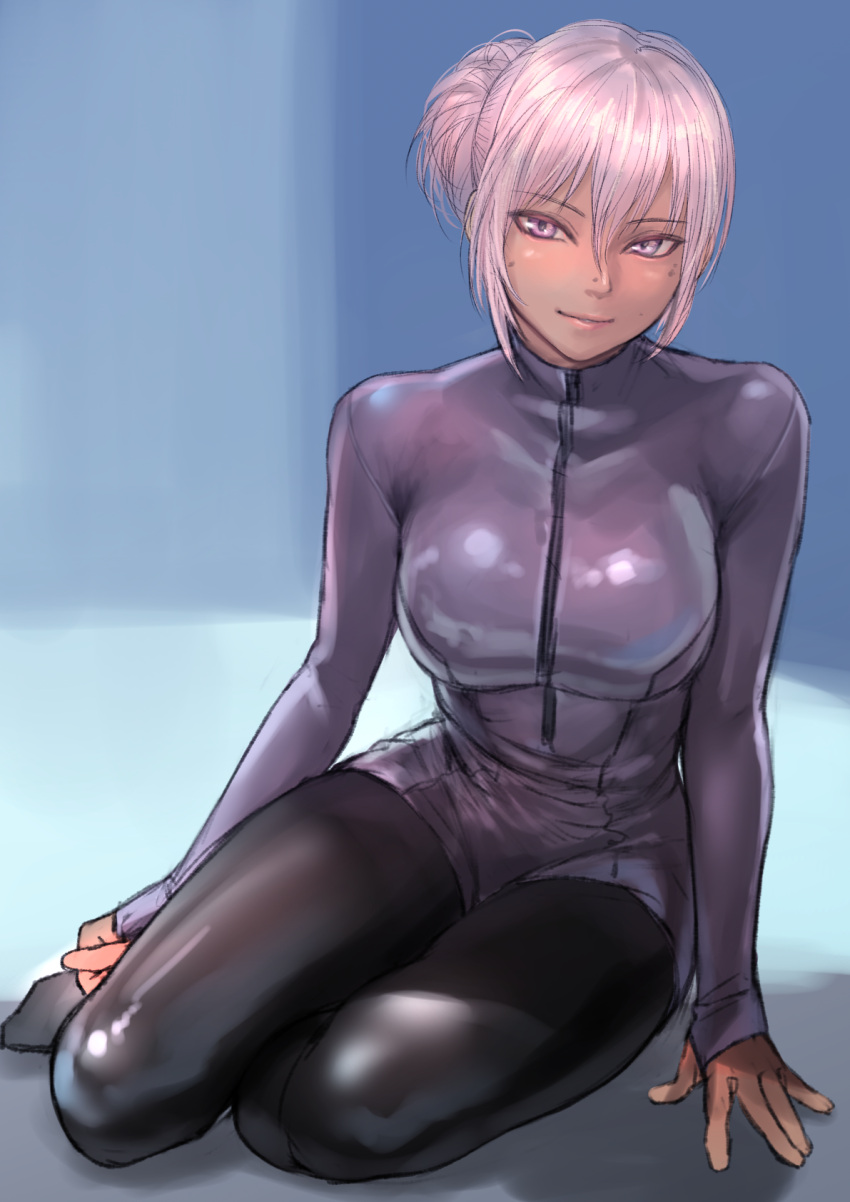 bodysuit breasts female full_body hair_between_eyes hair_bun highres kilye_kairi large_breasts latex latex_bodysuit long_sleeves looking_at_viewer mole mole_on_nose mole_under_eye original parted_lips pink_hair purple_eyes single_hair_bun sitting skin_tight smile solo yokozuwari