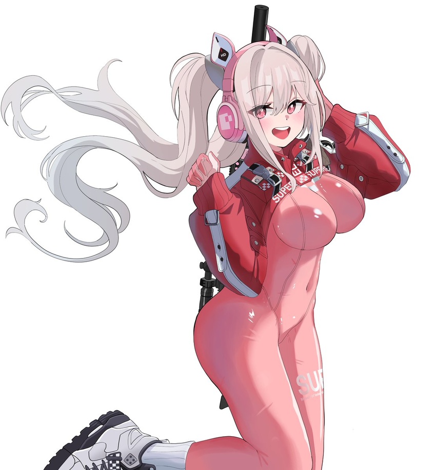 alice_(nikke) animal_ear_headphones animal_ears arms_up bodysuit breasts clothes_writing fake_animal_ears female gloves goddess_of_victory:_nikke gun gun_on_back hand_on_own_head headphones headset highres impossible_bodysuit impossible_clothes inapple latex latex_bodysuit light_blush long_hair looking_at_viewer medium_breasts multicolored_clothes multicolored_gloves open_mouth pink_bodysuit pink_eyes pink_gloves pink_headphones rifle shoes shrug_(clothing) sidelocks simple_background skin_tight smile sneakers socks solo standing standing_on_one_leg teeth twintails two-tone_gloves upper_teeth_only weapon weapon_on_back white_background white_gloves white_hair white_socks