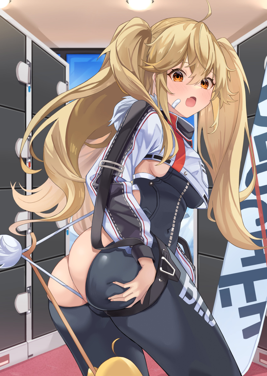 absurdres ahoge ass ass_grab azur_lane bandaid bandaid_on_face black_bodysuit blonde_hair bluecher_(azur_lane) bluecher_(high-altitude_head_over_heels)_(azur_lane) blush bodysuit covered_navel cropped_jacket female grabbing_own_ass highres indoors jacket long_hair long_sleeves manjuu_(azur_lane) multicolored_clothes multicolored_jacket oerba_yun_fang official_alternate_costume orange_eyes rabbit_tail skin_fang snowboard soar_sora222 solo standing tail text_print twintails two-tone_jacket white_jacket