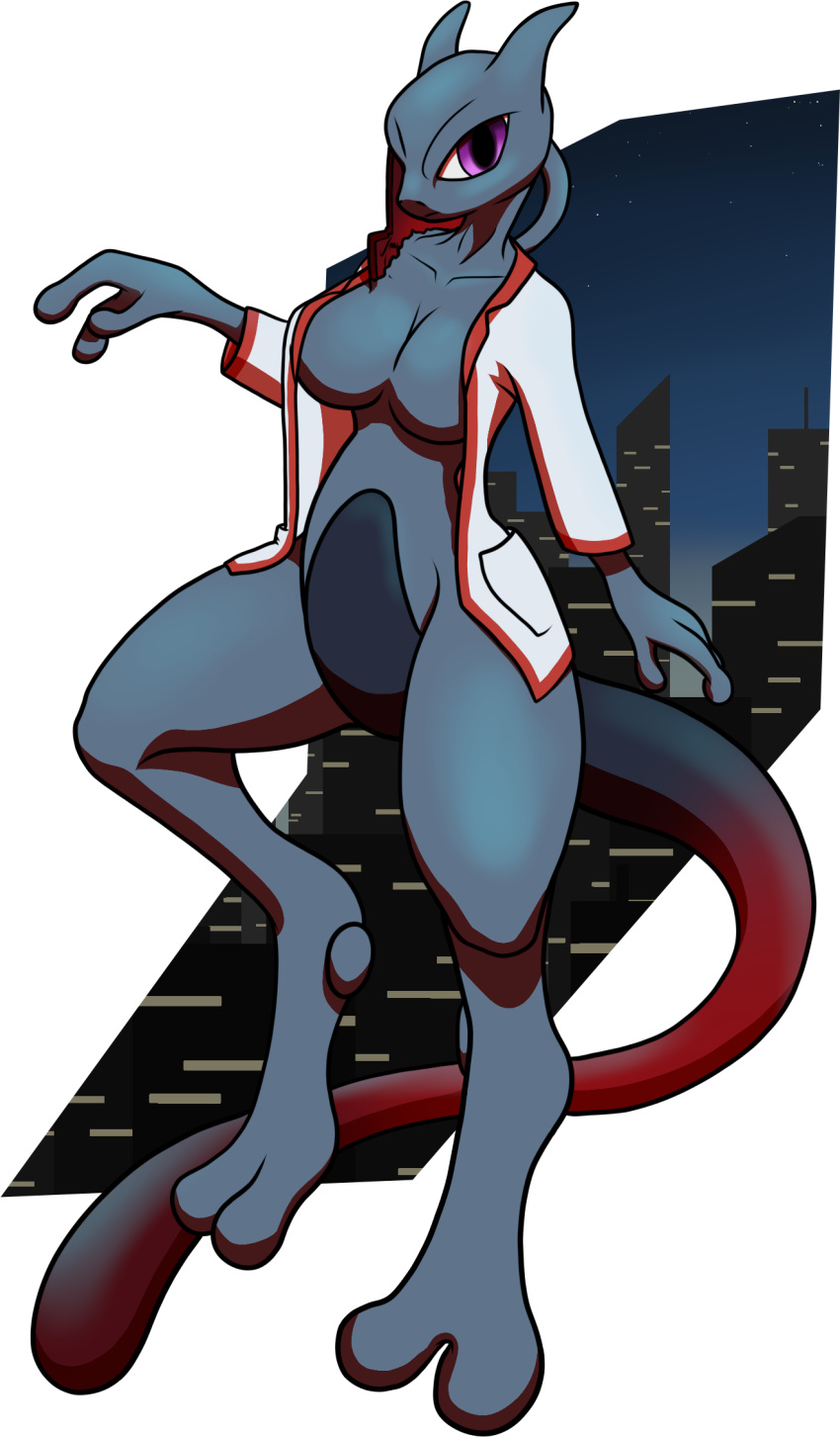 alpha_channel andromeda_kaisarion_morningstar anthro anthrofied bottomless bottomless_female breasts cel_shading city city_background cleavage clothed clothing coat female generation_6_pokemon grey_body hi_res lab_coat legendary_pokemon levitation nintendo pokemon pokemon_(species) pokemorph pokken_tournament purple_eyes shaded shadow_mewtwo shadow_pokemon signature solo topwear tunrae