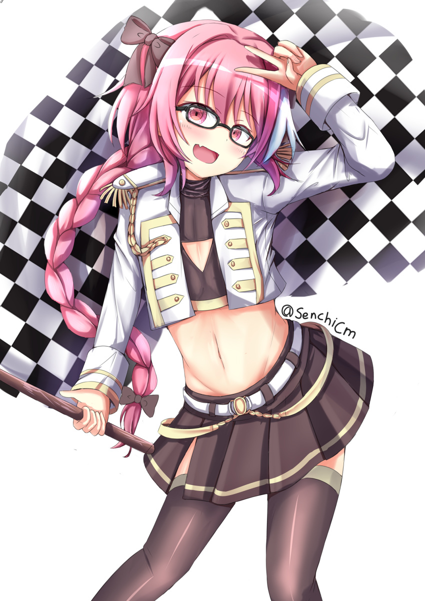 1boy alternate_costume astolfo_(fate) black_bow black_thighhighs bow braid checkered_flag cleavage_cutout clothing_cutout cosplay crop_top epaulettes fate/apocrypha fate_(series) flag glasses hair_intakes hairbow hand_on_own_hip hat highres holding jacket jeanne_d'arc_(fate) jeanne_d'arc_(type-moon_racing)_(fate) jeanne_d'arc_(type-moon_racing)_(fate)_(cosplay) long_hair male_focus midriff multicolored_hair navel oerba_yun_fang open_mouth otoko_no_ko pectoral_cleavage pectorals pink_hair purple_eyes race_queen senchimee single_braid skirt smile solo streaked_hair thighhighs white_background