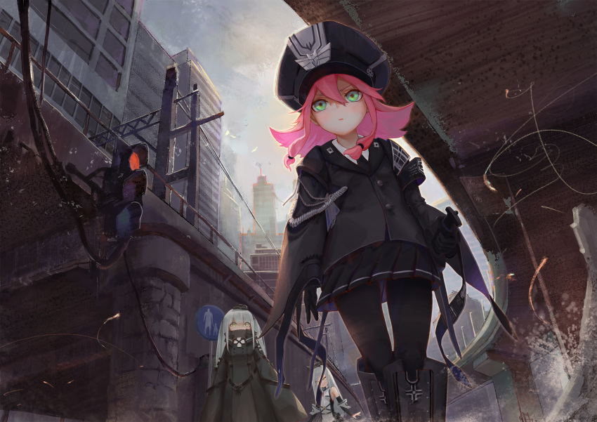 3girls 88_flak_(ash_arms) absurdres ash_arms bad_id bad_pixiv_id bare_shoulders bingwei_huang black_gloves black_headwear black_jacket black_legwear black_necktie black_skirt boots building commentary_request elbow_gloves from_below gloves green_eyes grey_hair hair_between_eyes hat highres jacket long_hair long_sleeves looking_at_viewer maus_(ash_arms) military military_hat military_uniform multiple_girls necktie outdoors pantyhose photoshop_(medium) pleated_skirt red_hair sign skirt solo_focus standing traffic_light uniform vk16.02_leopard_(ash_arms) white_hair