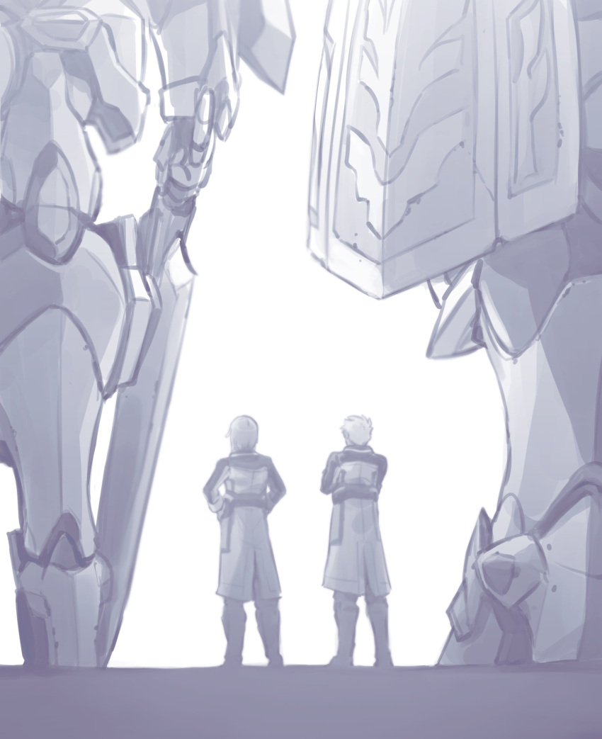 2boys absurdres aldirat crossed_arms dietrich_knitz edgar_c._blanche from_behind greyscale guair_custom hands_on_own_hips highres holding holding_sword holding_weapon ishiyumi jacket knight's_&_magic mecha monochrome multiple_boys robot sword weapon white_background