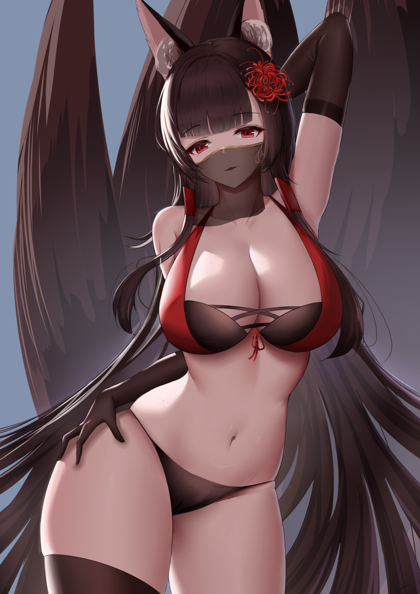 absurdres akagi_(azur_lane) akagi_(paradise_amaryllis)_(azur_lane) animal_ears arm_behind_head arm_up armpits azur_lane bikini black_bikini black_gloves black_hair black_thighhighs blunt_bangs breasts cleavage collarbone contrapposto cowboy_shot elbow_gloves female flower fox_ears fox_girl fox_tail gloves hair_flower hair_ornament hand_on_own_hip highres lahz52 large_breasts long_hair mouth_veil multiple_tails navel official_alternate_costume parted_lips red_bikini red_eyes red_flower see-through skindentation smile solo spider_lily stomach straight_hair swimsuit tail thighhighs two-tone_bikini veil very_long_hair