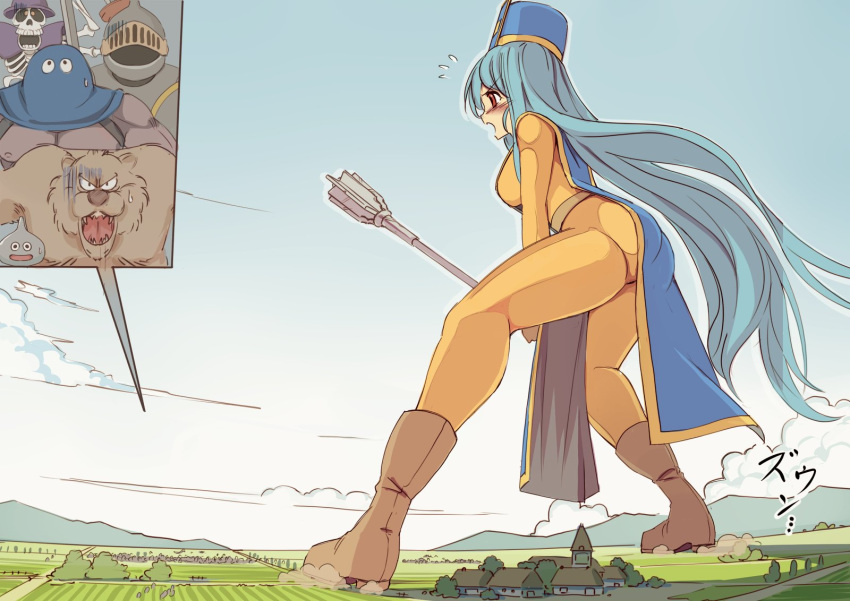 blue_hair blue_tabard bodysuit boots brown_footwear cloud commentary_request dragon_quest dragon_quest_iii female giant giantess hat highres holding holding_staff hood_(dragon_quest) house knight long_hair mace mitre monster open_mouth orange_bodysuit priest_(dq3) print_headwear red_eyes seo_tatsuya skeleton skeleton_(dragon_quest) sky slime_(dragon_quest) staff tabard tree weapon