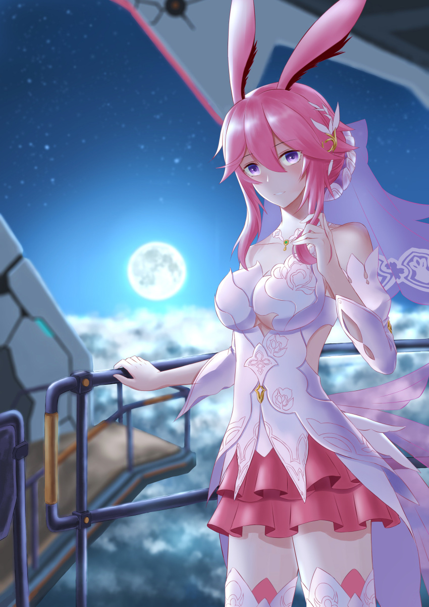 absurdres animal_ears bare_shoulders breasts bridal_veil cleavage cloud cloudy_sky dress female fox_ears frozen-sad full_moon grin hair_between_eyes hair_ornament hand_on_railing highres honkai_(series) honkai_impact_3rd indoors looking_at_viewer looking_back moon night night_sky pink_hair purple_eyes sky smile solo thighhighs veil wedding_dress white_dress white_sleeves white_thighhighs yae_sakura yae_sakura_(flame_sakitama)