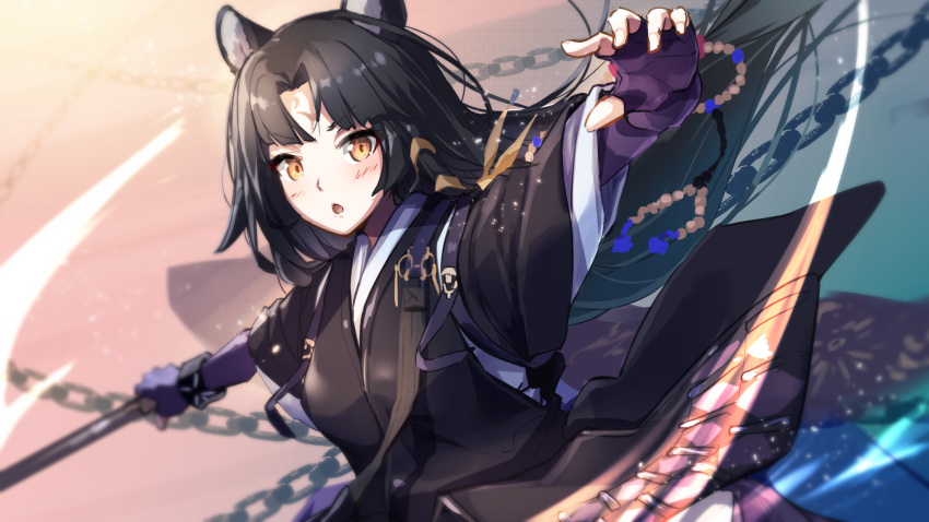 :o animal_ears arknights black_hair blush commentary_request dog_ears female fingerless_gloves gloves hellnyaa highres holding infection_monitor_(arknights) japanese_clothes kimono long_hair looking_at_viewer open_mouth outstretched_arms purple_gloves purple_shirt saga_(arknights) shirt solo upper_body wristband yellow_eyes