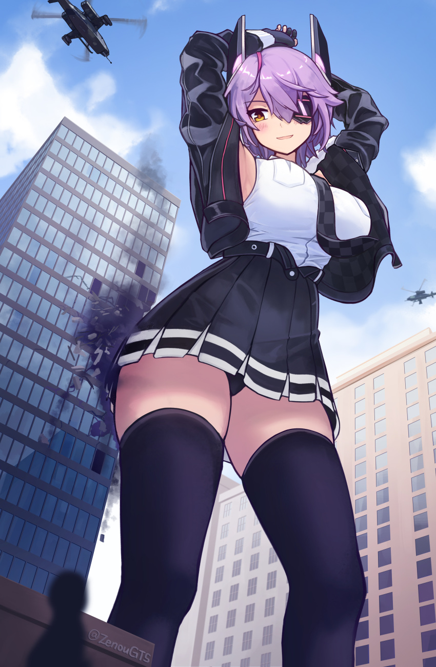 absurdres aircraft arms_up ass_shake black_jacket black_panties black_skirt black_thighhighs blush breasts building city commission destruction eyepatch female frilled_skirt frills from_below giant giantess gloves grin helicopter highres jacket kantai_collection large_breasts open_clothes open_jacket outdoors panties partially_fingerless_gloves purple_hair shattered short_hair size_difference skirt smile smoke solo_focus tenryuu_(kancolle) tenryuu_kai_ni_(kancolle) thighhighs underwear vest white_vest yellow_eyes zenougts