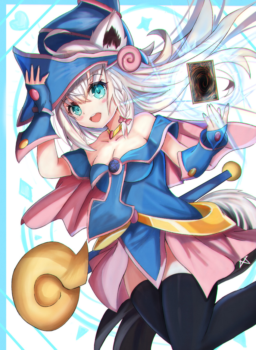 absurdres ahoge animal_ears black_thighhighs blue_dress blue_gloves blush braid breasts card cleavage collarbone commentary_request cosplay dark_magician_girl dark_magician_girl_(cosplay) dress female fingerless_gloves floating_hair fox_ears fox_girl fox_tail gloves green_eyes hair_between_eyes hand_on_headwear hand_up hat highres hololive long_hair looking_at_viewer medium_breasts open_mouth shirakami_fubuki sidelocks single_braid smile solo soma443 sparkle staff tail thighhighs virtual_youtuber white_hair yu-gi-oh!