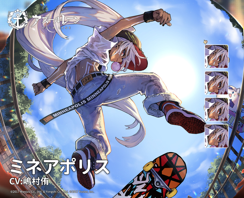 azur_lane blue_sky blush chewing_gum commentary_request dark_skin day denim female grey_hair highres jeans long_hair manjuu_(azur_lane) meowfficer_(azur_lane) mephisto_(angraecum) minneapolis_(azur_lane) minneapolis_(extreme_games)_(azur_lane) official_alternate_costume official_art pants red_eyes second-party_source skateboard skateboarding sky smile translated very_long_hair